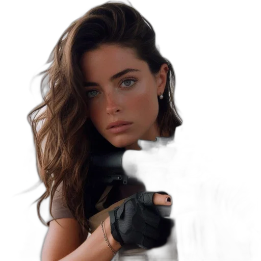 weapon, jacket, face, hair transparent PNG cut-out
