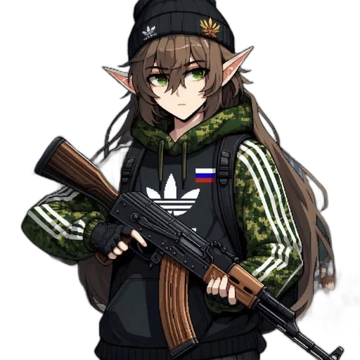 weapon, jacket, staff, hat transparent PNG cut-out