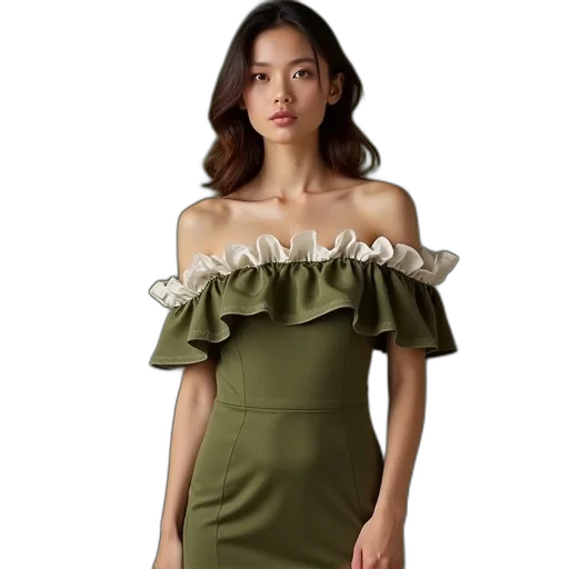 dress, earth tones, green, woman transparent PNG cut-out