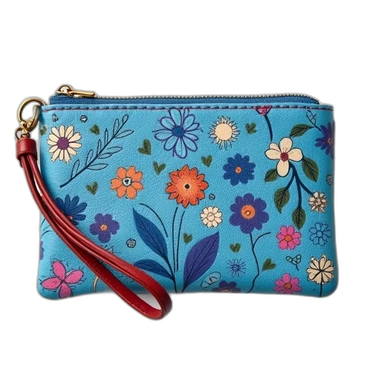 printed, leather, wristlet, blue transparent PNG cut-out