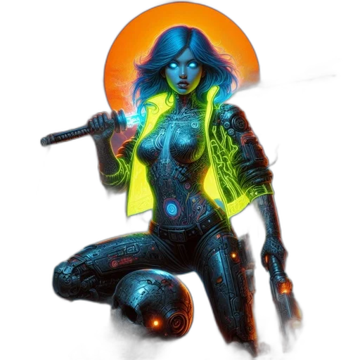 robot, staff, concept art, cyberpunk transparent PNG cut-out