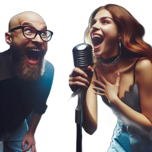 photorealistic, two, performers, sing transparent PNG cut-out