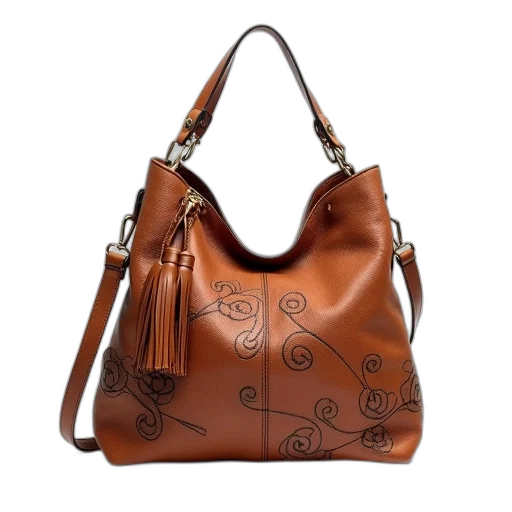 brown, leather, handbag, floral transparent PNG cut-out