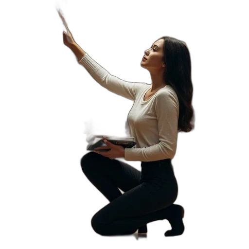 staff, jacket, woman, kneeling transparent PNG cut-out