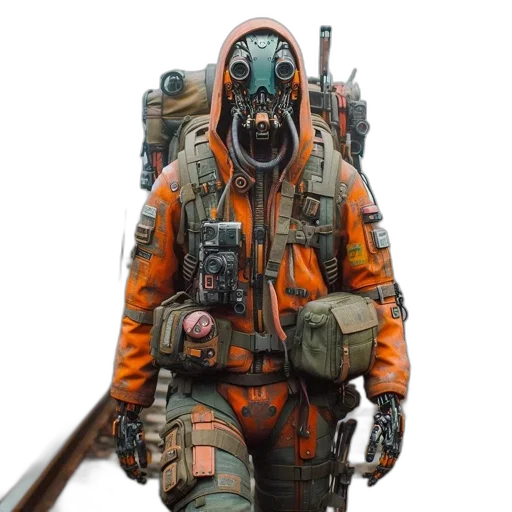 jacket, mask, staff, creature transparent PNG cut-out