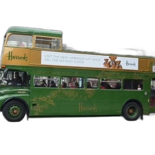 green, double-decker, bus, harrods transparent PNG cut-out