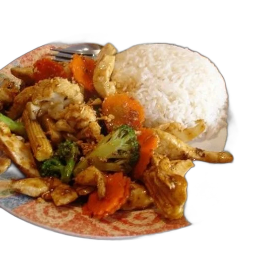 food, photorealistic, plate, stir-fried transparent PNG cut-out