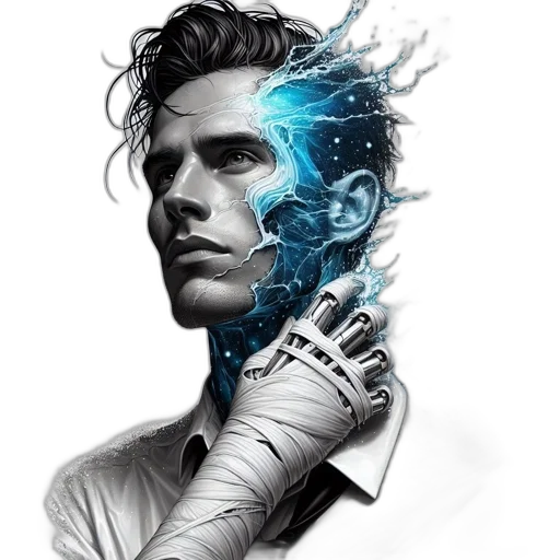 robot, staff, face, cyberpunk transparent PNG cut-out
