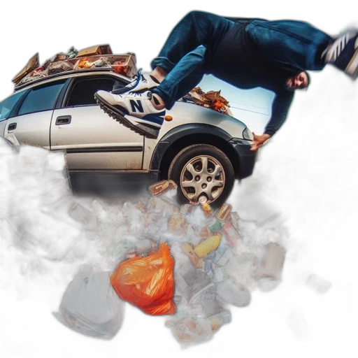 car, fire, upended, driver transparent PNG cut-out