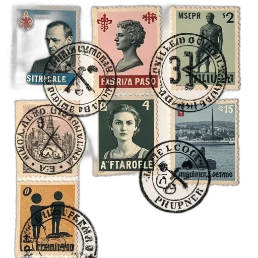 concept art, several, used, stamps transparent PNG cut-out