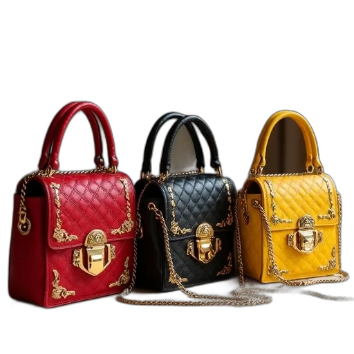 three, ornate, handbags, displayed transparent PNG cut-out