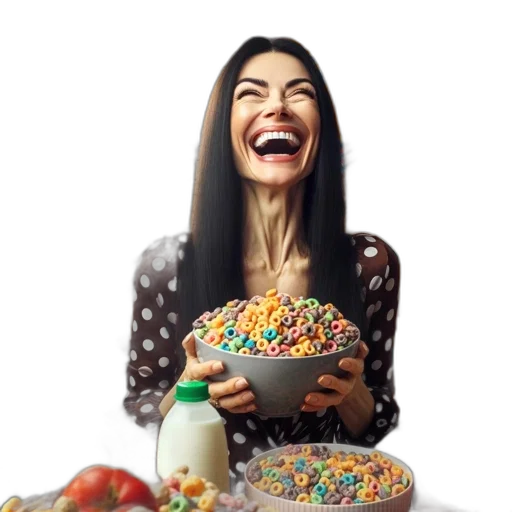 food, woman, laughs, while transparent PNG cut-out
