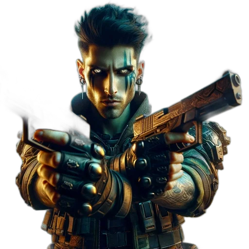 weapon, jacket, staff, face transparent PNG cut-out