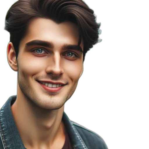 face, hair, jacket, photorealistic transparent PNG cut-out