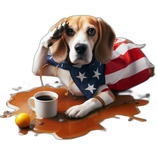 photorealistic, flag-wearing, beagle, sits transparent PNG cut-out