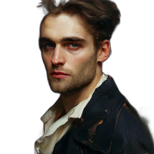 face, jacket, oil painting, photorealistic transparent PNG cut-out
