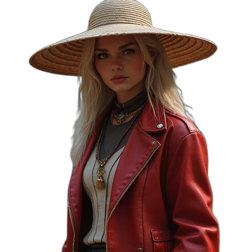 jacket, hat, jewelry, staff transparent PNG cut-out