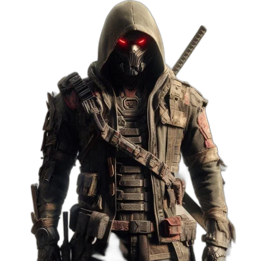 mask, jacket, weapon, concept art transparent PNG cut-out