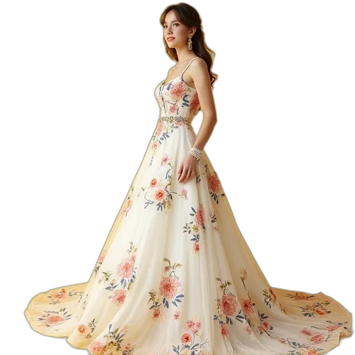 dress, photorealistic, oil painting, floral transparent PNG cut-out