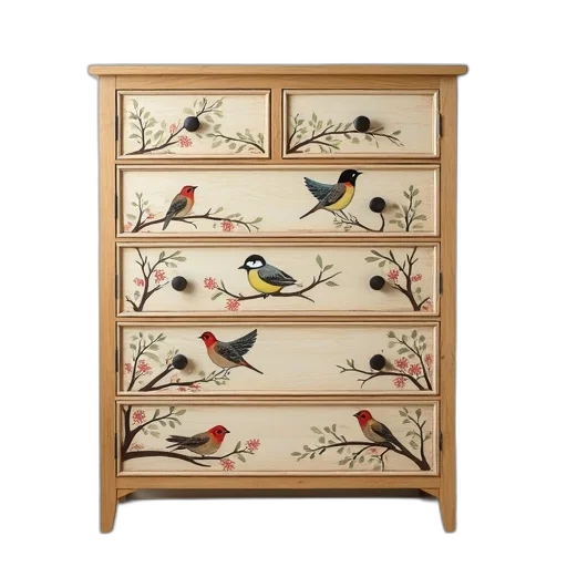 furniture, wooden, dresser, bird-themed transparent PNG cut-out