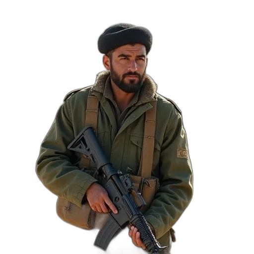 weapon, jacket, staff, face transparent PNG cut-out