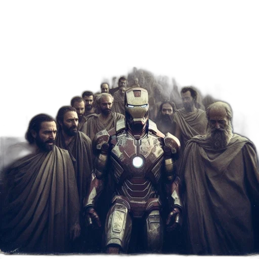 robot, mask, staff, comic book art transparent PNG cut-out