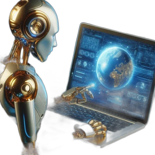 robot, cyberpunk, 3d render, golden transparent PNG cut-out