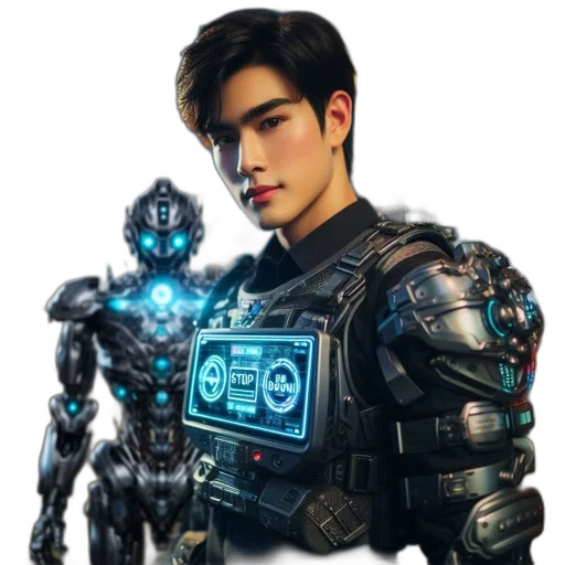 robot, jacket, weapon, cyberpunk transparent PNG cut-out