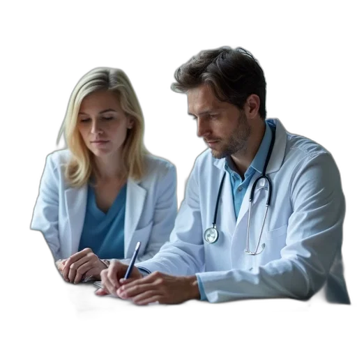 staff, doctor, sitting, table transparent PNG cut-out