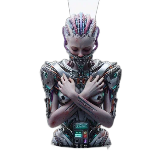 robot, creature, staff, cyberpunk transparent PNG cut-out