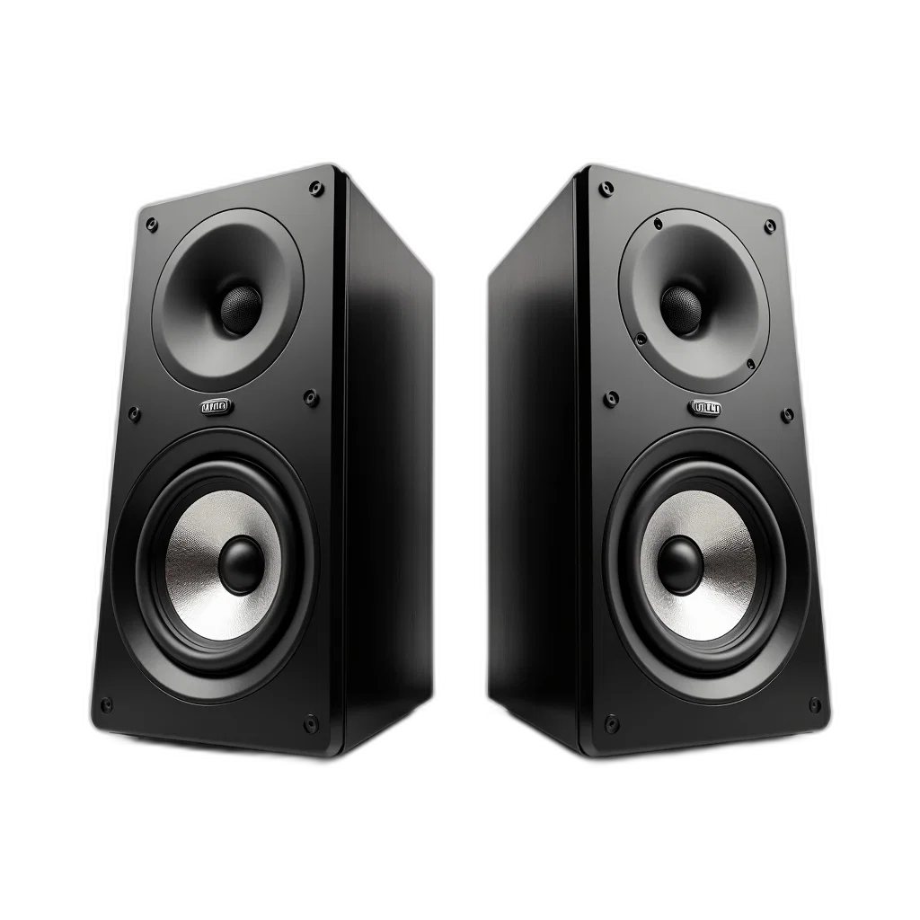 two, identical, black, speakers transparent PNG cut-out