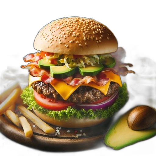 food, photorealistic, 3d render, burger transparent PNG cut-out