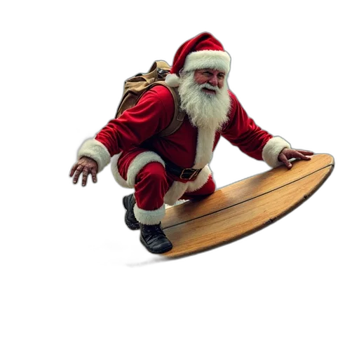 3d render, santa, surfing, his transparent PNG cut-out