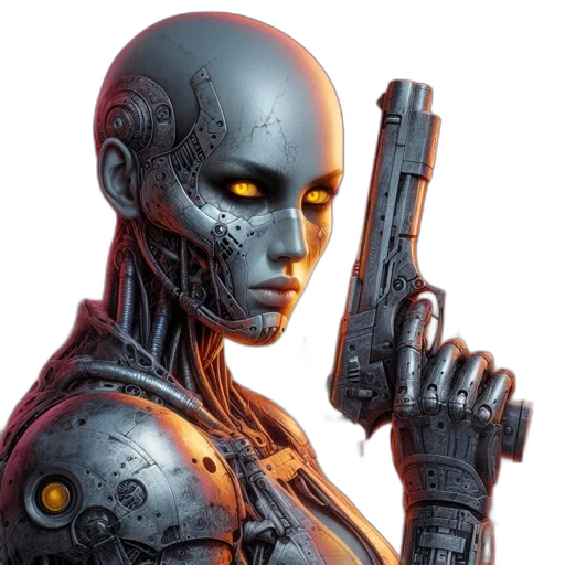 robot, weapon, face, cyberpunk transparent PNG cut-out