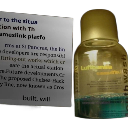 bottle, lufthansa, handwash, displayed transparent PNG cut-out