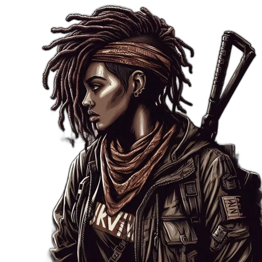 weapon, staff, jacket, hair transparent PNG cut-out