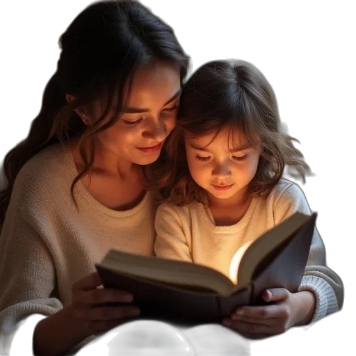 photorealistic, mother, daughter, reading transparent PNG cut-out