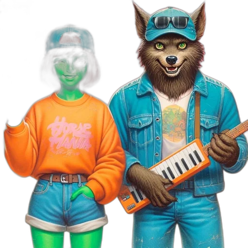 jacket, mask, staff, vaporwave transparent PNG cut-out