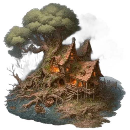 tree, building, concept art, fantasy art transparent PNG cut-out