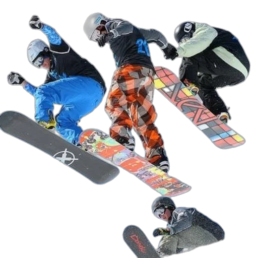 four, snowboarders, mid-air, one transparent PNG cut-out