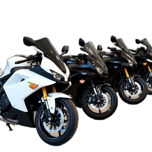 row, four, motorcycles, parked transparent PNG cut-out