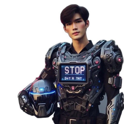 robot, jacket, weapon, cyberpunk transparent PNG cut-out