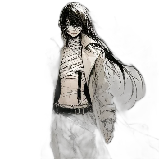 jacket, mask, staff, creature transparent PNG cut-out