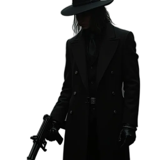 hat, jacket, staff, weapon transparent PNG cut-out