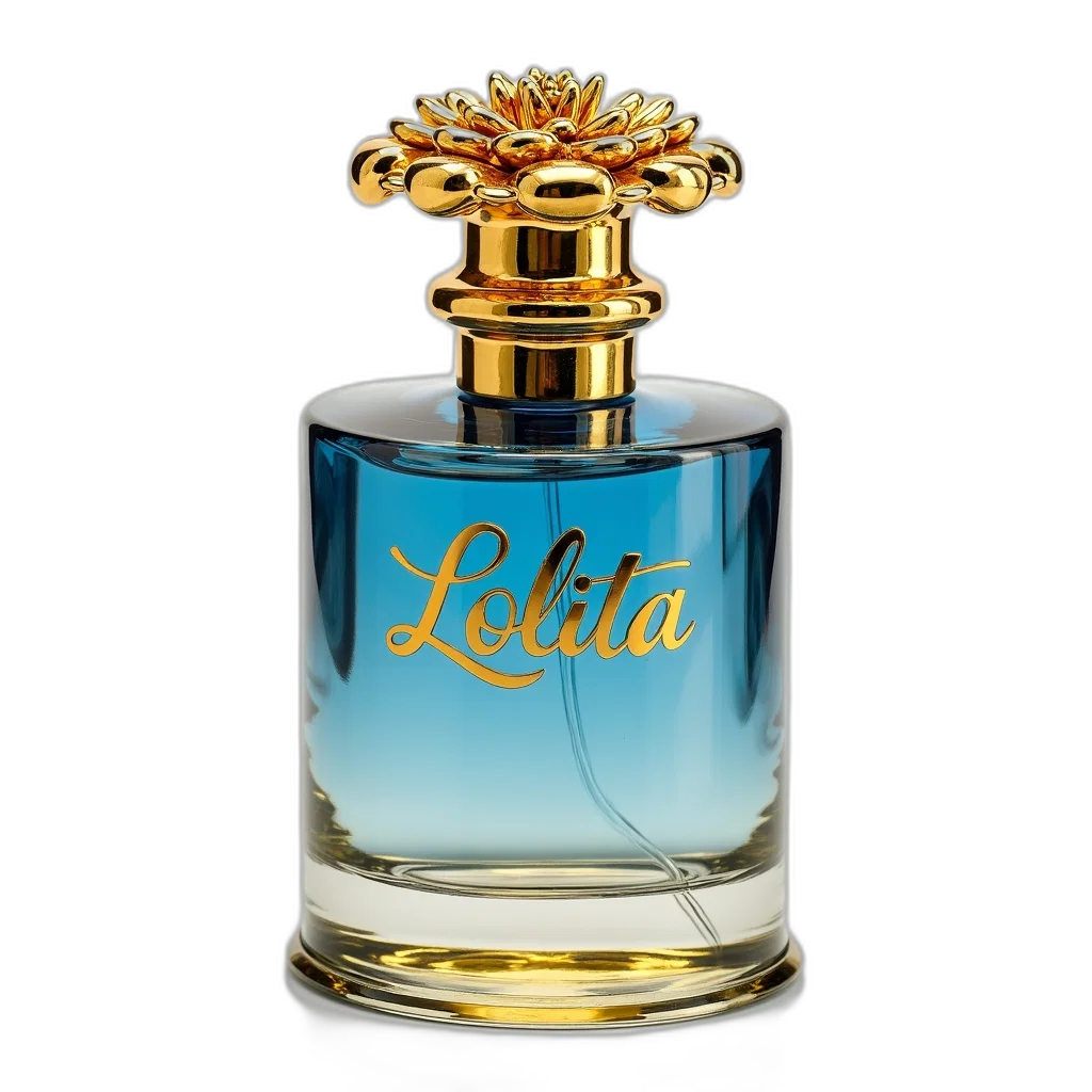 bottle, photorealistic, gold, blue transparent PNG cut-out