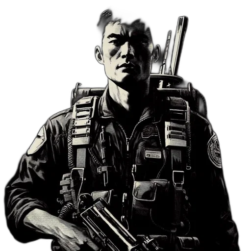 weapon, staff, face, jacket transparent PNG cut-out
