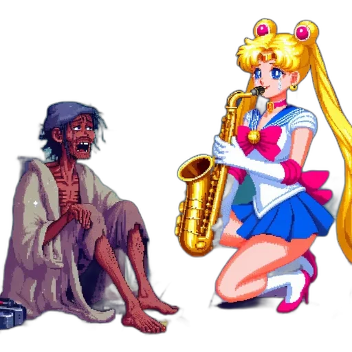 dress, weapon, pixel art, vaporwave transparent PNG cut-out