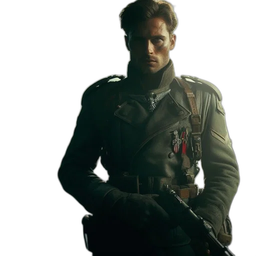 jacket, weapon, face, staff transparent PNG cut-out