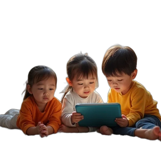 photorealistic, group, children, tablet transparent PNG cut-out