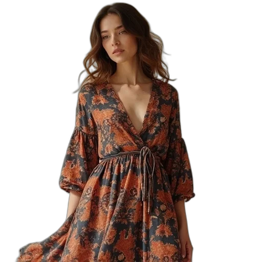 dress, earth tones, ayler, printed transparent PNG cut-out